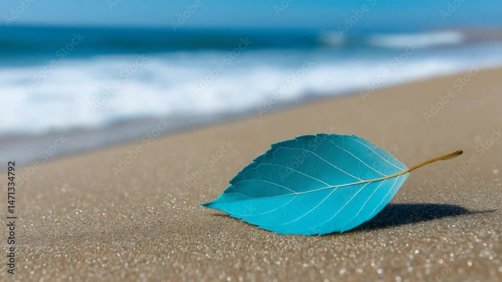 A teal leaf on golden sand beach with ocean waves A teal leaf on golden sand beach with ocean waves