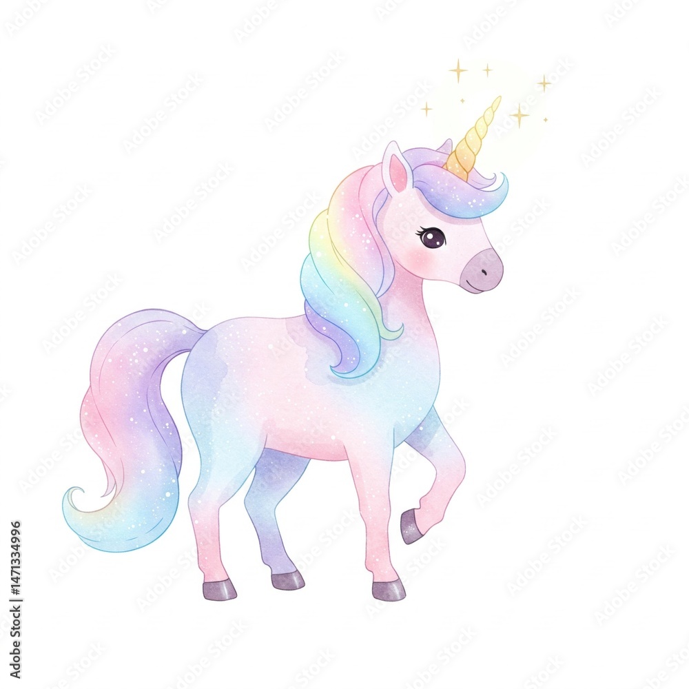 Fototapeta premium A cute pastel-colored unicorn with a rainbow mane and sparkling horn stands gracefully on a white background.