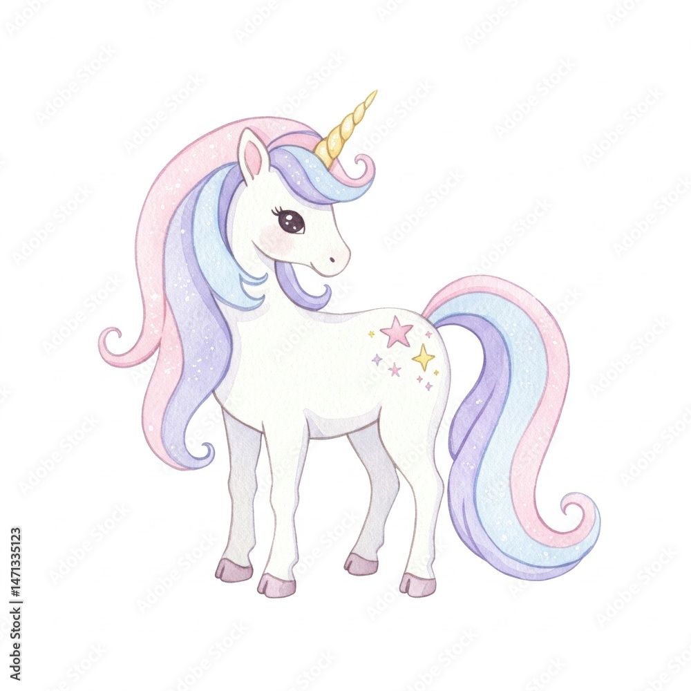 Fototapeta premium A cute pastel unicorn with a golden horn and colorful mane, adorned with star decorations, stands on a white background.