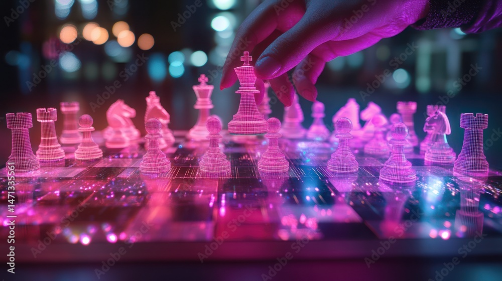 Hand moves a glowing chess piece Hand moves a glowing chess piece
