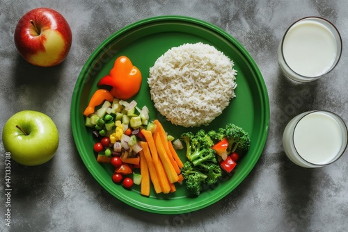 Child's healthy meal with rice, vegetables, and fruit photo