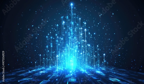 Ascending digital arrows, glowing bright blue, signifying growth and progress