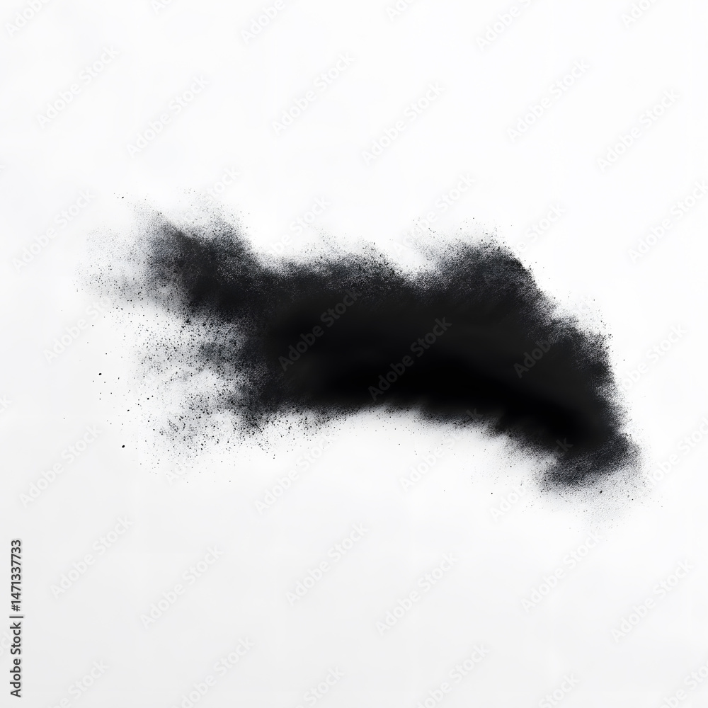 Fototapeta premium Dark gray cloud of black dust powder on a white background