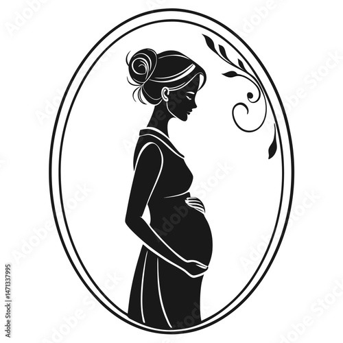 Silhouette of Expectation: A graceful silhouette captures the tender moment of pregnancy, showcasing a woman cradling her belly within an elegant oval frame, decorated with floral accents.