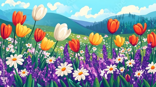 Spring meadow with tulips, and mountains.