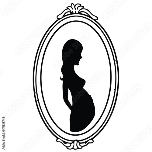 Silhouette of Anticipation: A delicate silhouette of a pregnant woman framed in an ornate, vintage oval, reflecting the beauty and anticipation of motherhood.
