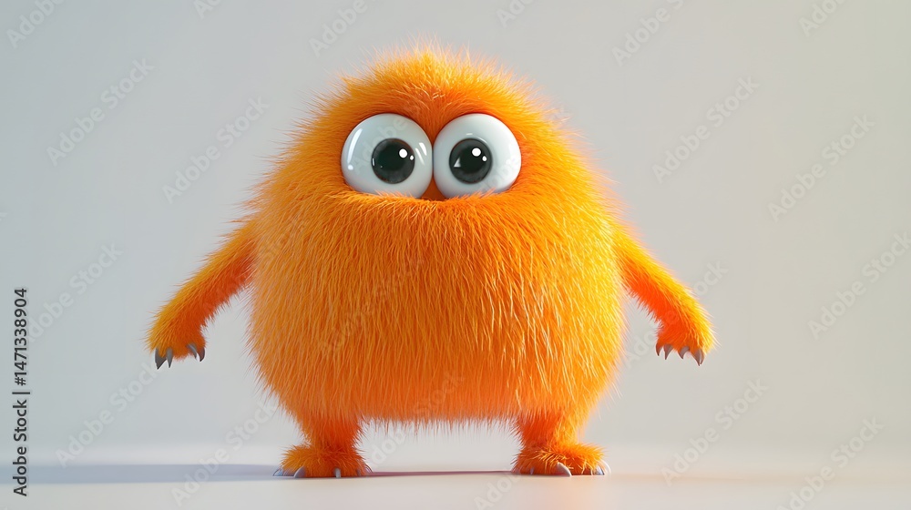 Fototapeta premium Endearing 3D Stylized Furry Monster with Cute Cartoon Design on White Background for Fun Visuals
