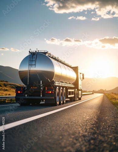 Petrol cargo truck lorry tanker driving on highway hauling oil products.