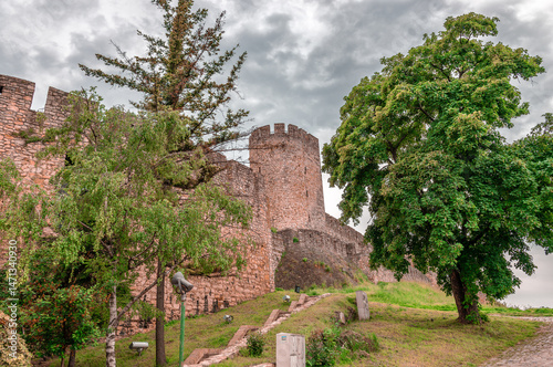 The walls of the upper town of the Belgrade Fortress seen from the Kalemegdan park. In Belgrade, Serbia.