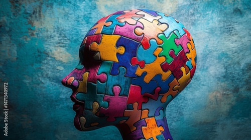 Colorful Puzzle Head Autism Brain Mind Thinking Diversity Creativity Understanding Connection Piece photo