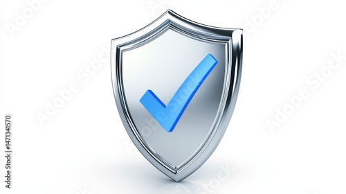 A 4K photo of silver shield with a blue checkmark icon, isolated on white background.