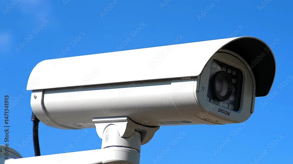 Modern Bullet-Style CCTV Camera Close-Up Against Clear Sky Modern Bullet-Style CCTV Camera Close-Up Against Clear Sky