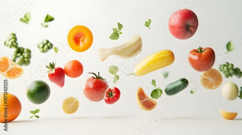 Fresh 4D Floating Organic Produce on White Backdrop with Creative Culinary Design and Minimalist Aesthetic