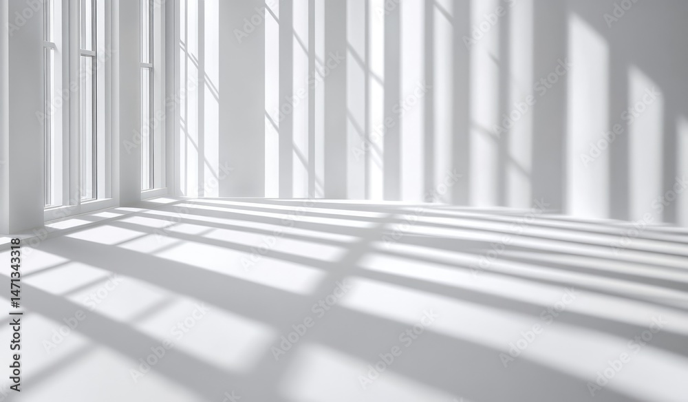 Sunlight streams through windows, casting vertical shadows on a minimalist white room Sunlight streams through windows, casting vertical shadows on a minimalist white room