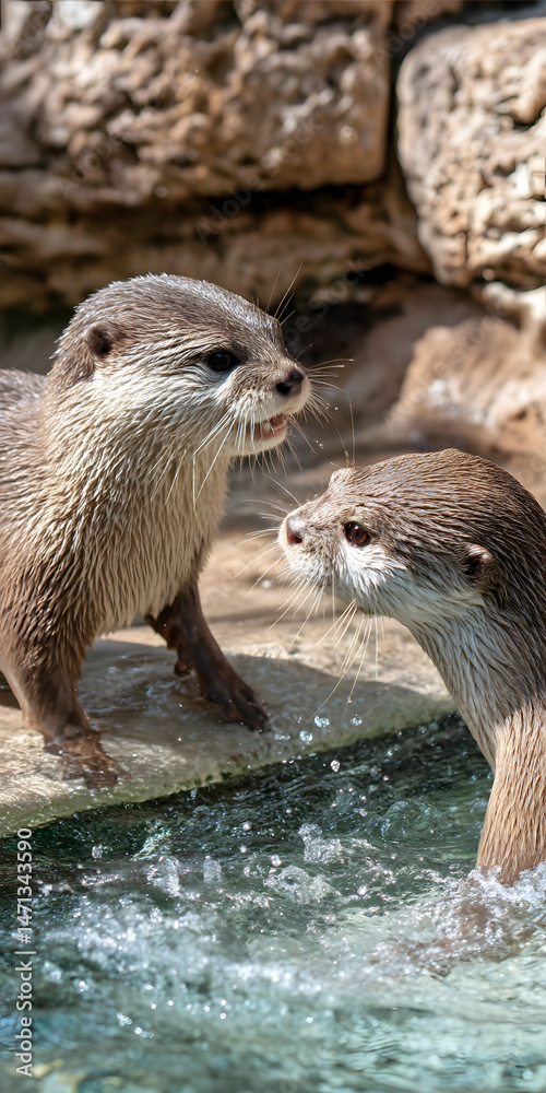 Obraz premium Playful Otters in a Sunlit Aquatic Paradise