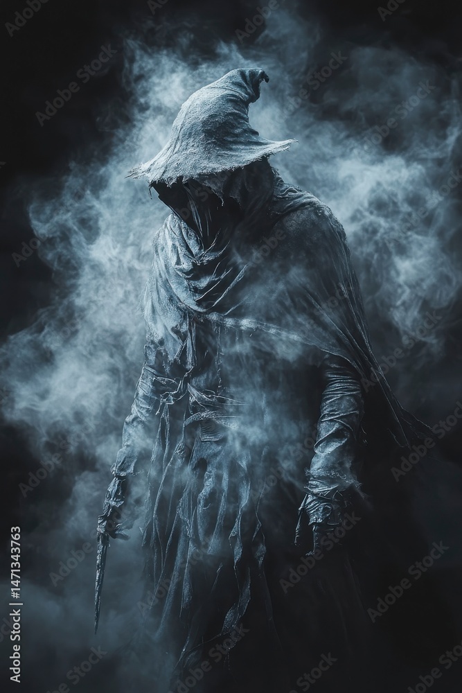 Obraz premium A shadowy, hooded figure in tattered robes stands surrounded by swirling mist, creating a mysterious and eerie atmosphere.