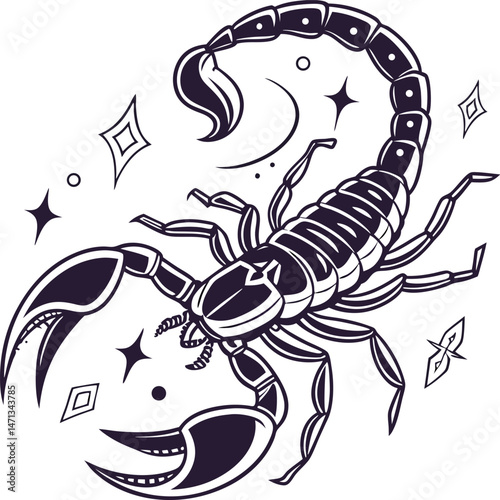Monochrome Scorpion with Stars and Crescent Moon