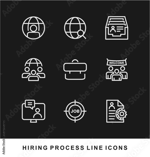 Hiring Process Line Icons. Recruitment, Job Application, Interview, Candidate Selection Vector Set