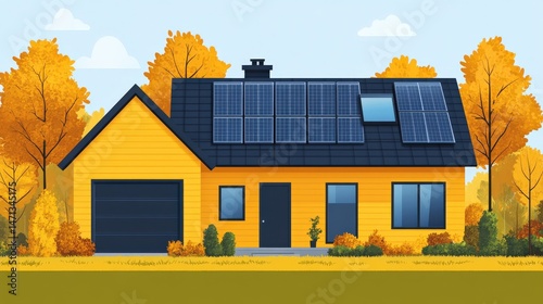 Bright yellow house with solar panels surrounded by autumn trees under a clear sky