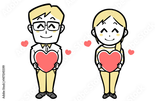 赤いハートを持つ、普段着の若い夫婦