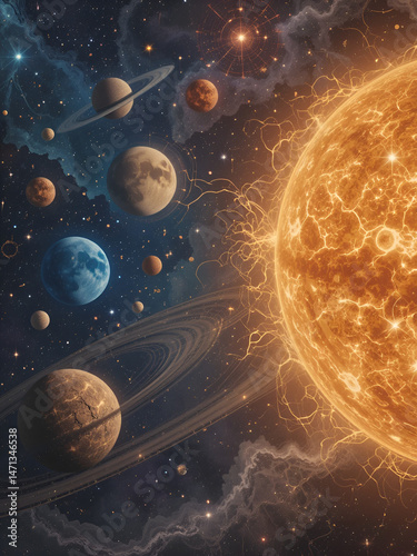 solar system, showcasing a collection of planets that seem to vibrate with energy.