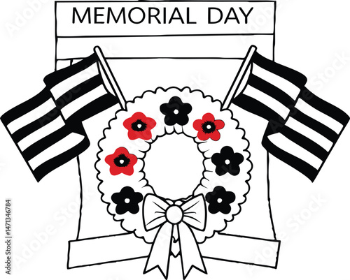black and white card with flowers, Memorial Day Vector illustration