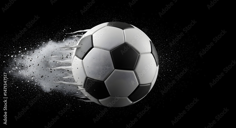 Naklejka premium Soccer Ball Speeding with Particle Trail on Black Background
