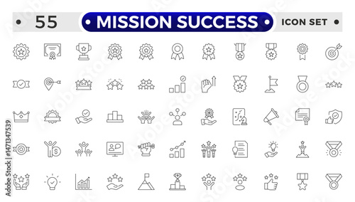Mission Success outline web icons set. Success, achievement, successful, strategy, winner, teamwork, goal, brainstorm, challenge and task.