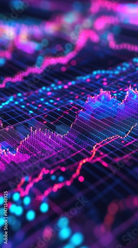 Abstract financial chart showing market trends with purple and blue hues close up perspective