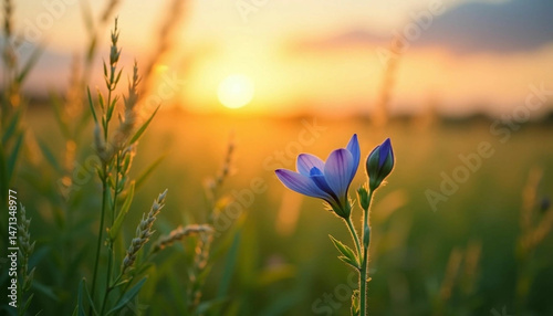Delicate Purple Flax Blossom Silhouetted Against a Bright Sunrise