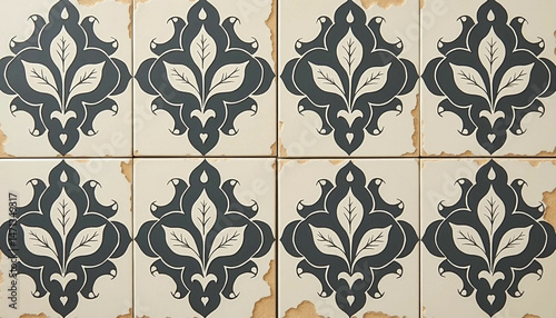 Elegant Floral Damask Pattern on Distressed Cream Tiles