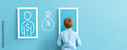 Child observing money mindset illustrations on blue wall, inspiring future financial success