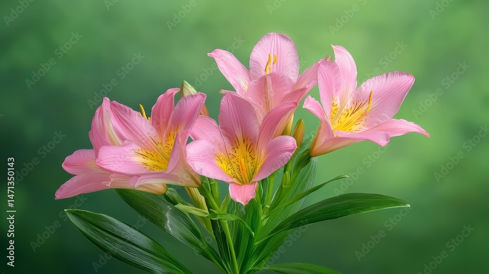 Obraz premium Cluster of delicate pink freesia flowers with yellow throats and green leaves is presented against softly blurred green background