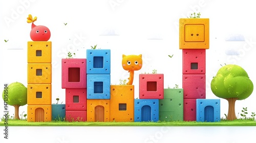 Colorful cartoon blocks with playful characters in a vibrant landscape with greenery