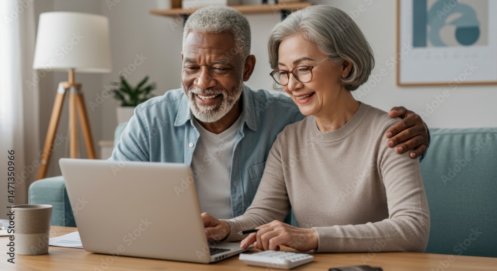 Happy senior couple using laptop together at home Happy senior couple using laptop together at home