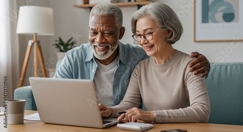 Happy senior couple using laptop together at home