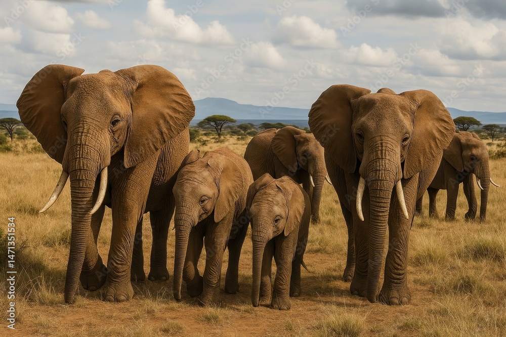 Obraz premium Majestic elephants roam savannah.