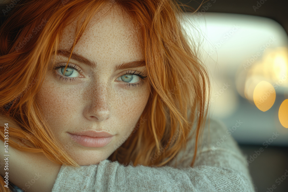 Graceful Woman with Red Hair Gazing Thoughtfully at Airport Terminal Graceful Woman with Red Hair Gazing Thoughtfully at Airport Terminal