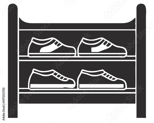 Black silhouette of a shoe rack displaying four pairs of shoes on white background