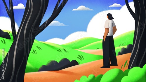 Person standing by a tranquil lake surrounded by lush greenery and smooth rocks on a calm day