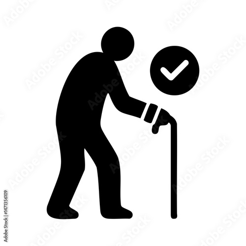 Elderly person care icon with check mark
