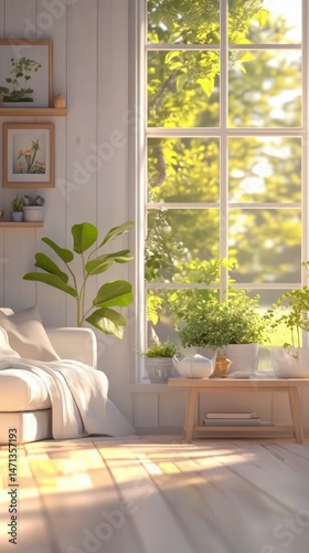 Bright Interior View of Cozy Living Room with Plants near Window in Morning Light