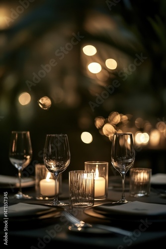 Elegant dinner table setting with wine glasses and candles at night low angle shot for romantic evening or special occasion