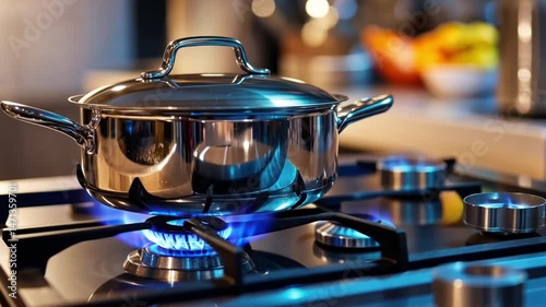 Cooking on a Gas Stove: A Stainless Steel Pot Simmering