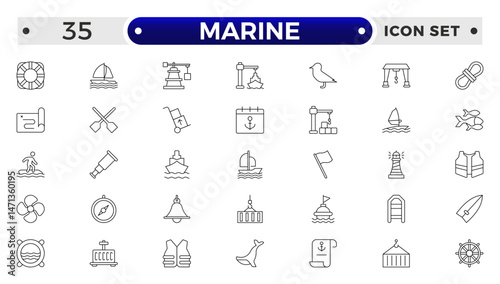 Marine outline icon set .line icons related to marine, port, ship, boat, harbor, crane, pier, wharf, logistic, captain, shipyard.
