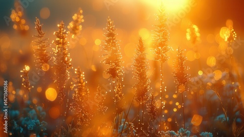Nature and Plants Close-up of dew on grass in morning light
