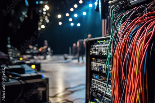 Wiring and stage setup visible during a live music performance at an indoor venue