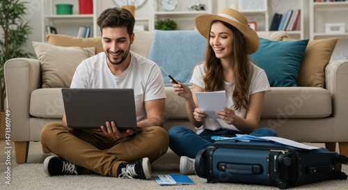 Happy Couple Planning Vacation at Home