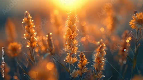 Nature and Plants Close-up of dew on grass in morning light