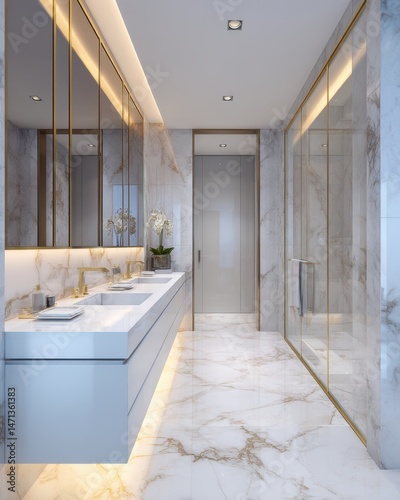 Interior of modern bathroom with marble tile and gold accents, featuring double sink vanity and glass shower, luxury design